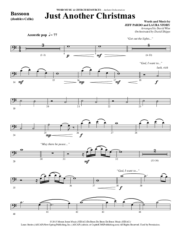 Just Another Christmas (Choral Anthem SATB) Bassoon (Word Music Choral / Arr. David Wise / Arr. David Shipps)