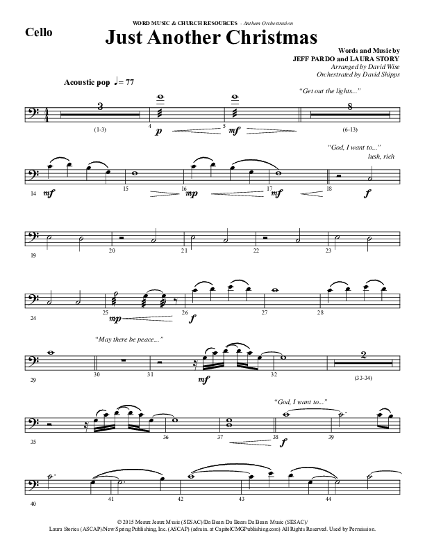 Just Another Christmas (Choral Anthem SATB) Cello (Word Music Choral / Arr. David Wise / Arr. David Shipps)