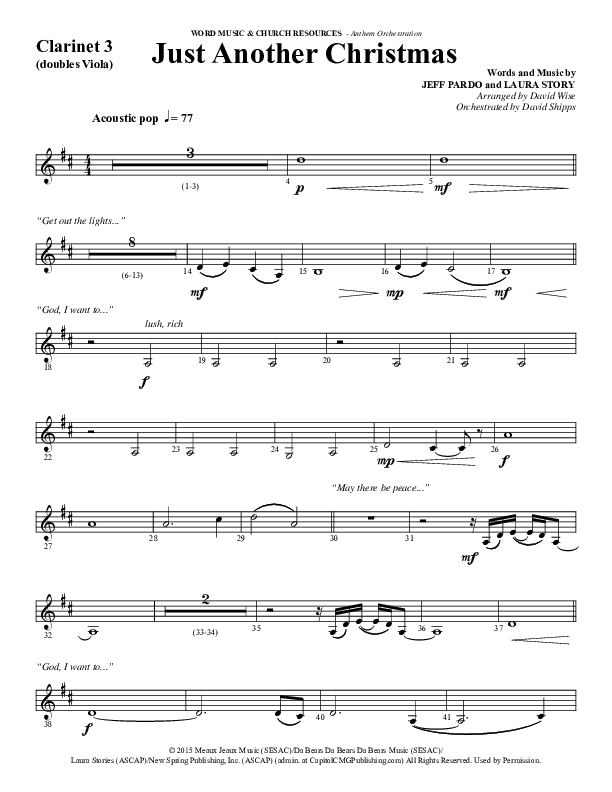 Just Another Christmas (Choral Anthem SATB) Clarinet 3 (Word Music Choral / Arr. David Wise / Arr. David Shipps)