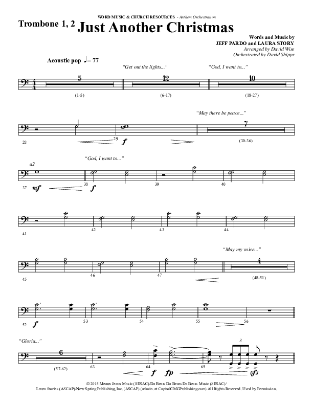 Just Another Christmas (Choral Anthem SATB) Trombone 1/2 (Word Music Choral / Arr. David Wise / Arr. David Shipps)