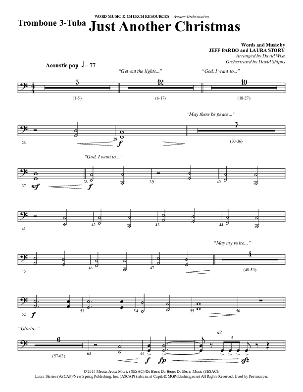 Just Another Christmas (Choral Anthem SATB) Trombone 3/Tuba (Word Music Choral / Arr. David Wise / Arr. David Shipps)