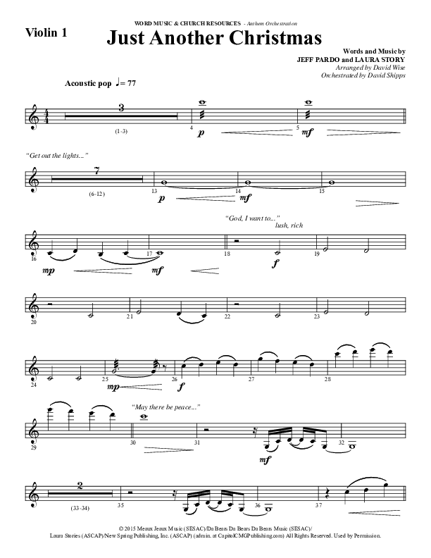 Just Another Christmas (Choral Anthem SATB) Violin 1 (Word Music Choral / Arr. David Wise / Arr. David Shipps)
