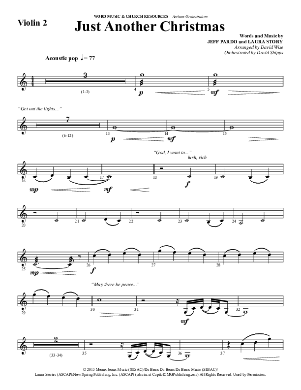 Just Another Christmas (Choral Anthem SATB) Violin 2 (Word Music Choral / Arr. David Wise / Arr. David Shipps)