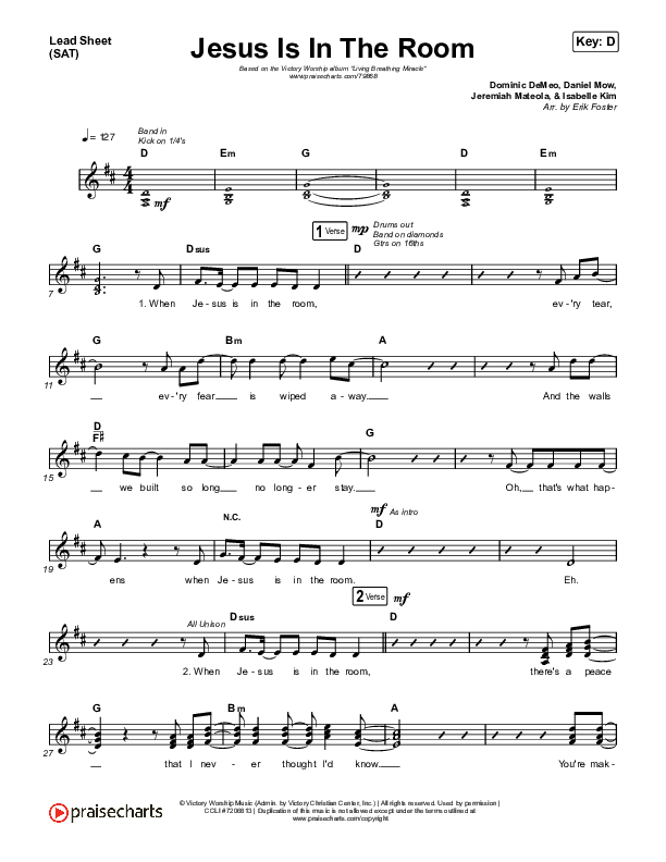 Jesus Is In The Room Lead Sheet (SAT) (Victory Worship)
