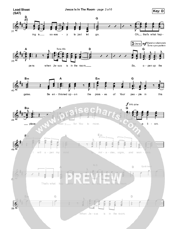 Jesus Is In The Room Lead Sheet (SAT) (Victory Worship)