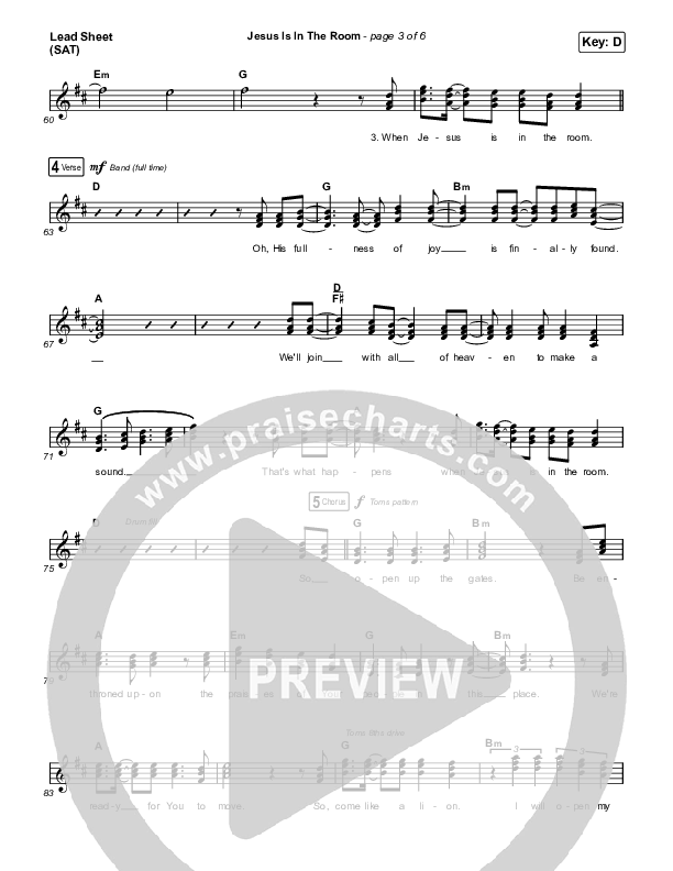 Jesus Is In The Room Lead Sheet (SAT) (Victory Worship)