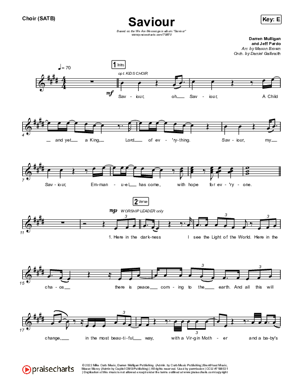 Saviour Vocal Sheet (SATB) (We Are Messengers)