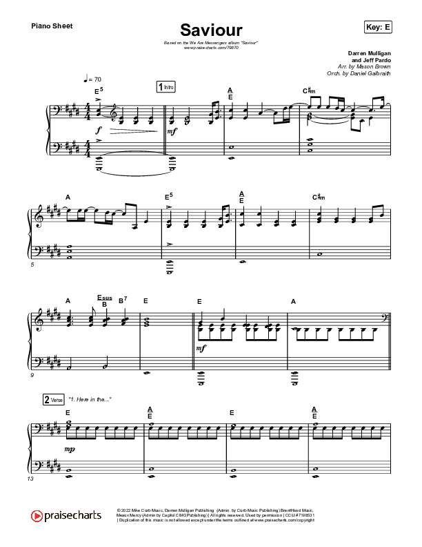 Saviour Piano Sheet (We Are Messengers)