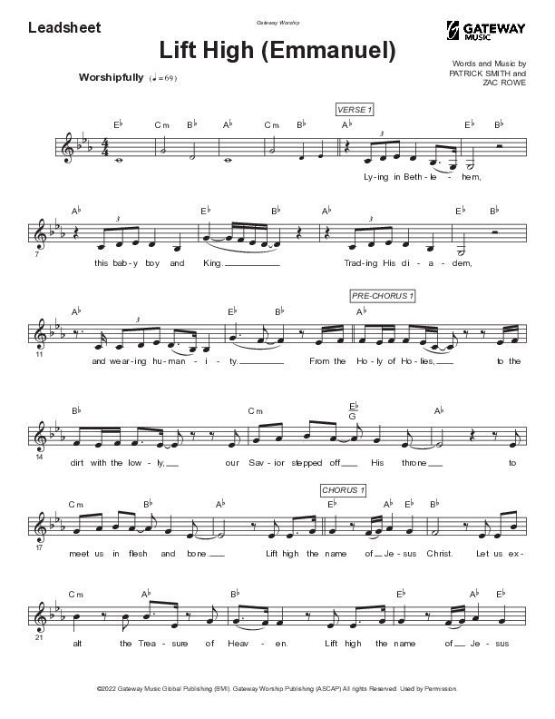 Lift High (Emmanuel) Lead Sheet (Mel) (Gateway Worship)