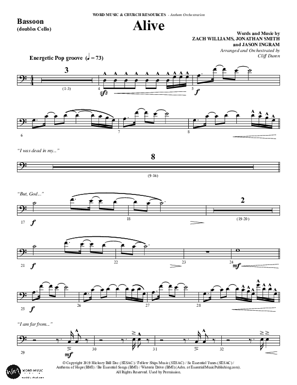 Alive (Choral Anthem SATB) Bassoon (Word Music Choral / Arr. Cliff Duren)