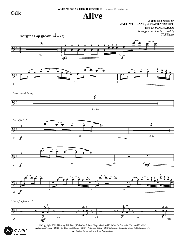 Alive (Choral Anthem SATB) Cello (Word Music Choral / Arr. Cliff Duren)