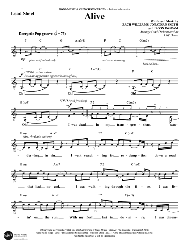 Alive (Choral Anthem SATB) Lead Sheet (Melody) (Word Music Choral / Arr. Cliff Duren)