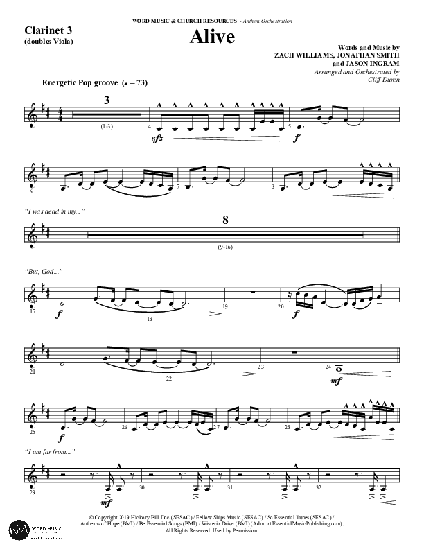 Alive (Choral Anthem SATB) Clarinet 3 (Word Music Choral / Arr. Cliff Duren)