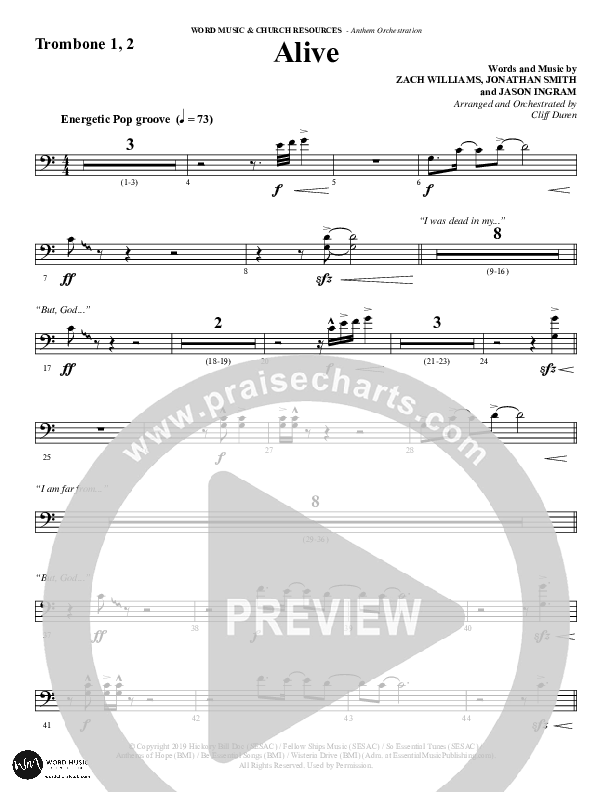 Alive (Choral Anthem SATB) Trombone 1/2 (Word Music Choral / Arr. Cliff Duren)