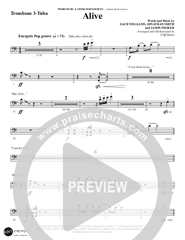 Alive (Choral Anthem SATB) Trombone 3/Tuba (Word Music Choral / Arr. Cliff Duren)