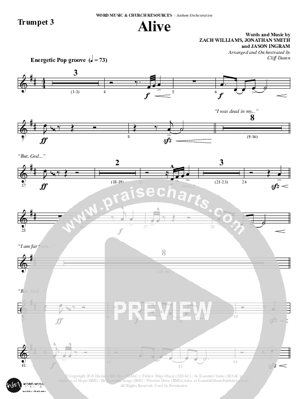 Alive (Choral Anthem SATB) Trumpet 3 (Word Music Choral / Arr. Cliff Duren)