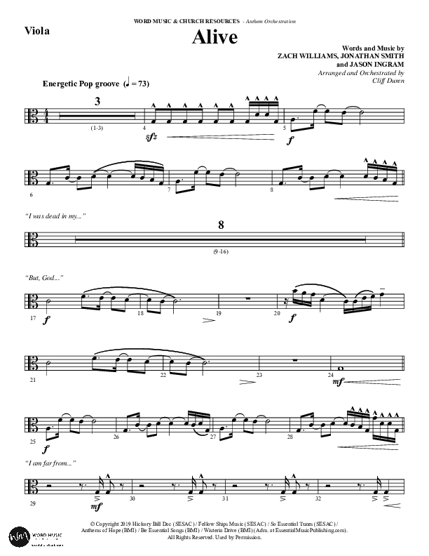 Alive (Choral Anthem SATB) Viola (Word Music Choral / Arr. Cliff Duren)