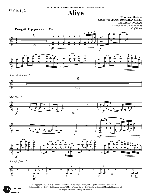Alive (Choral Anthem SATB) Violin 1/2 (Word Music Choral / Arr. Cliff Duren)