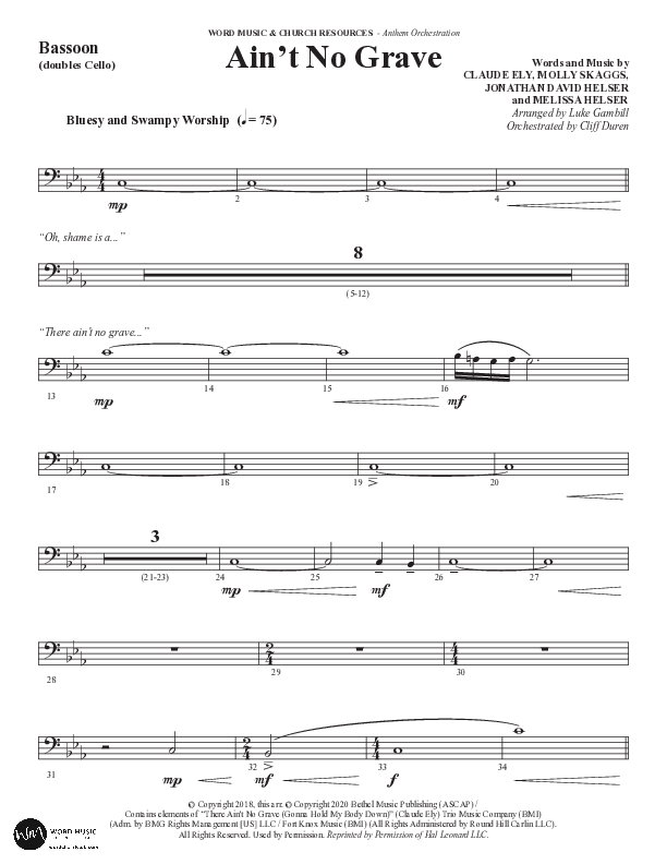 Ain't No Grave (Choral Anthem SATB) Bassoon (Word Music Choral / Arr. Luke Gambill)