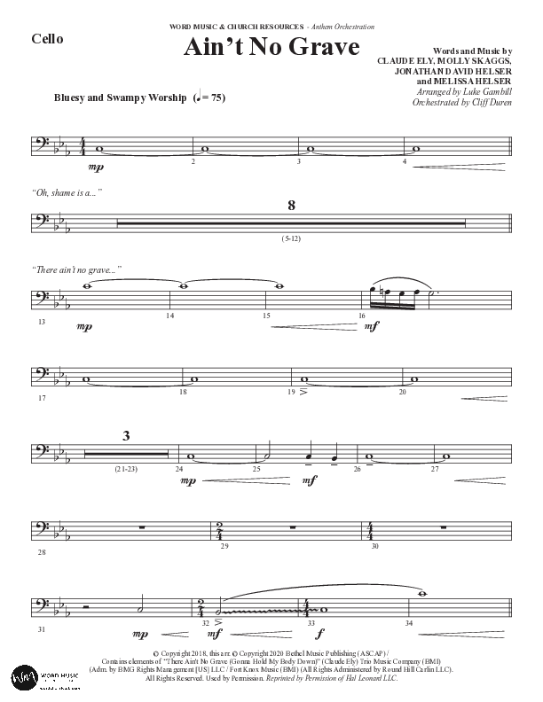 Ain't No Grave (Choral Anthem SATB) Cello (Word Music Choral / Arr. Luke Gambill)