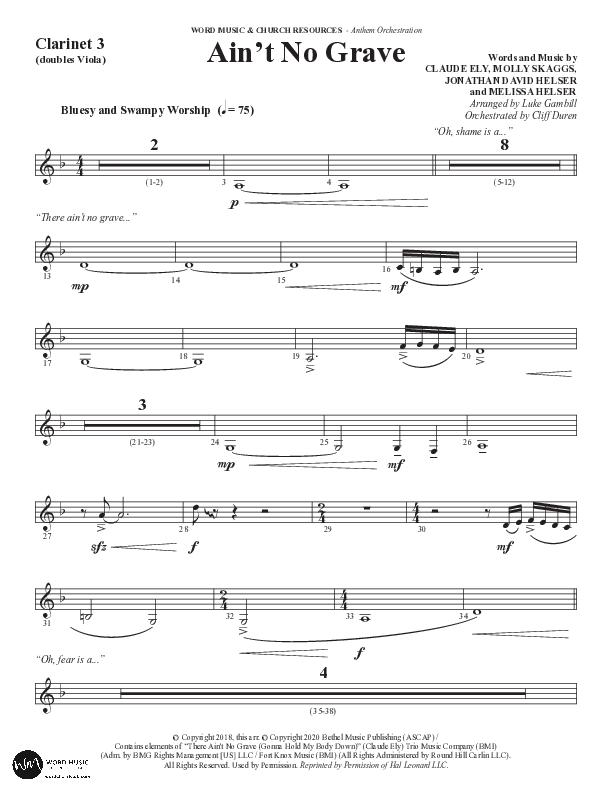 Ain't No Grave (Choral Anthem SATB) Clarinet 3 (Word Music Choral / Arr. Luke Gambill)