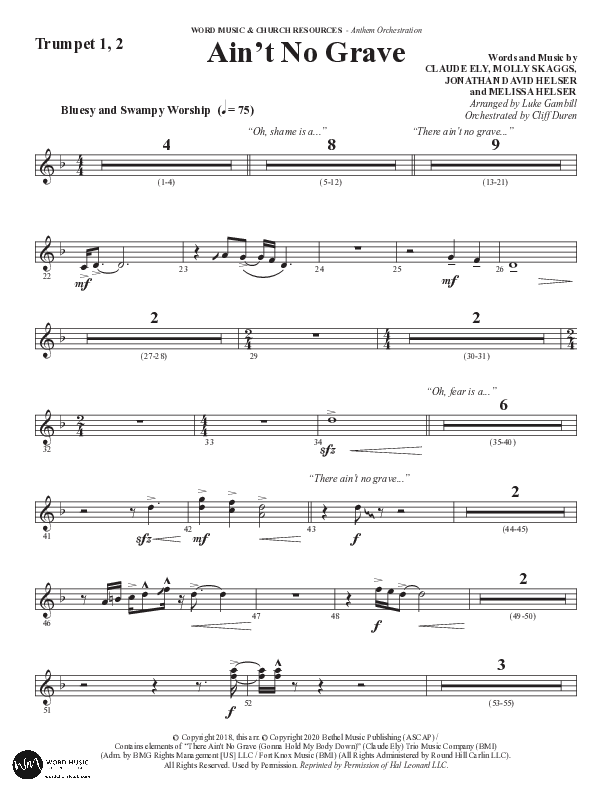 Ain't No Grave (Choral Anthem SATB) Trumpet 1,2 (Word Music Choral / Arr. Luke Gambill)
