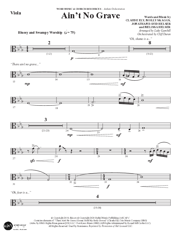 Ain't No Grave (Choral Anthem SATB) Viola (Word Music Choral / Arr. Luke Gambill)