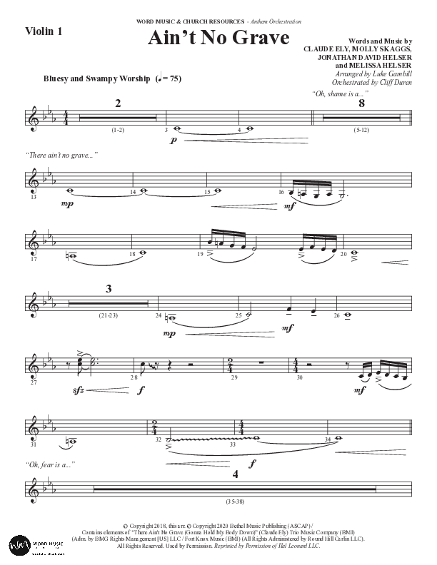 Ain't No Grave (Choral Anthem SATB) Violin 1 (Word Music Choral / Arr. Luke Gambill)