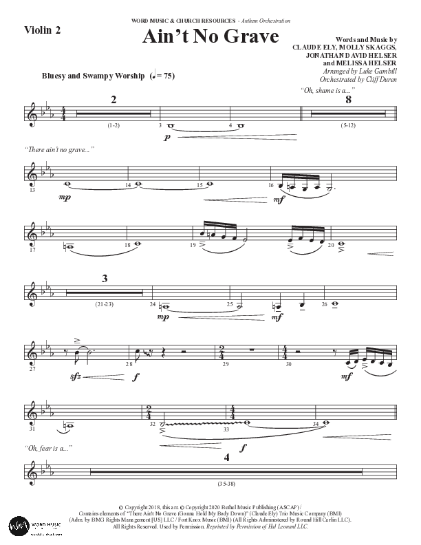 Ain't No Grave (Choral Anthem SATB) Violin 2 (Word Music Choral / Arr. Luke Gambill)
