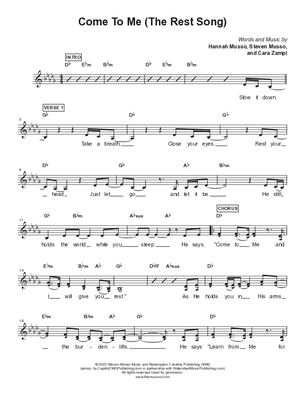 Come To Me (The Rest Song) Lead Sheet Melody (Steven & Hannah Musso)