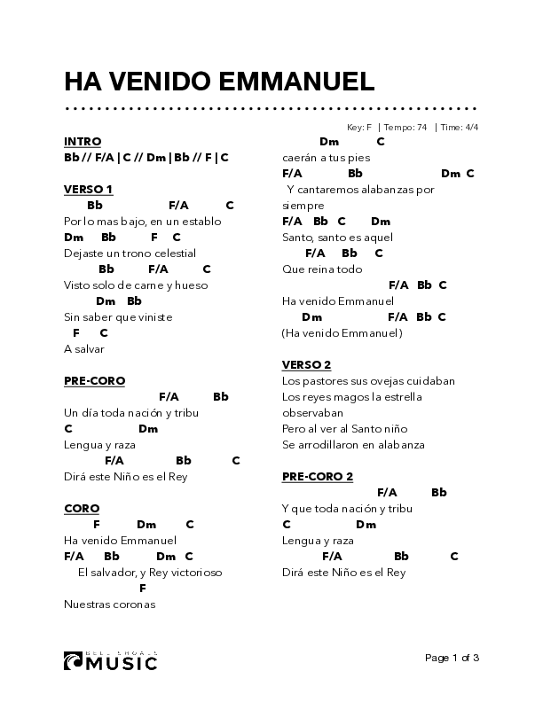Ha venido Emmanuel Chord Chart (Bell Shoals Music)