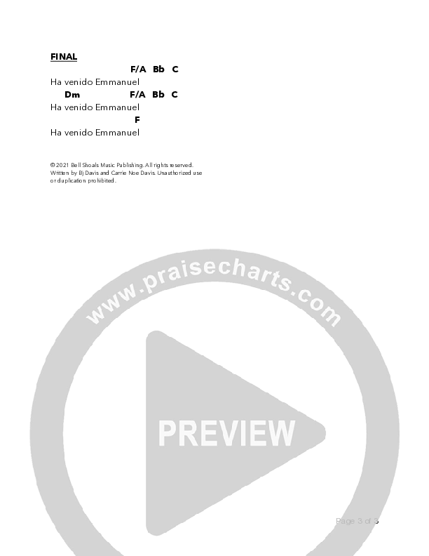 Ha venido Emmanuel Chord Chart (Bell Shoals Music)