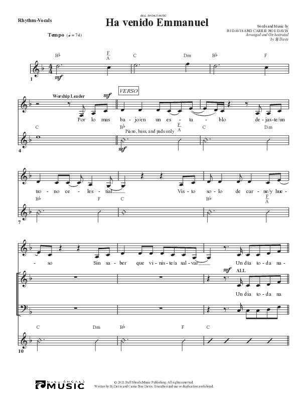 Ha venido Emmanuel Piano/Vocal (SATB) (Bell Shoals Music)