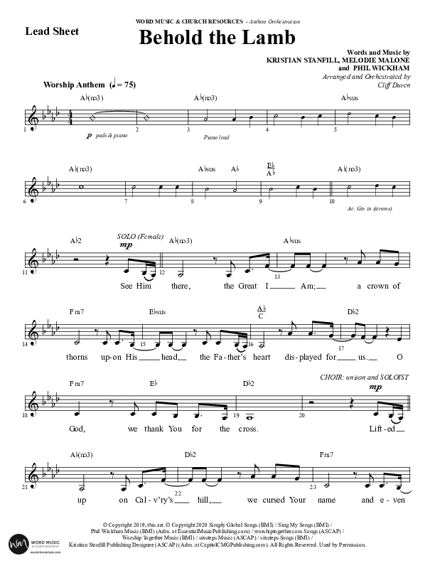 Behold The Lamb (Choral Anthem SATB) Lead Sheet (Melody) (Word Music Choral / Arr. Cliff Duren)
