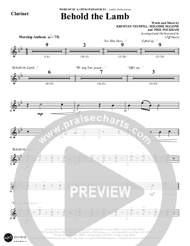 Behold The Lamb (Choral Anthem SATB) Clarinet (Word Music Choral / Arr. Cliff Duren)
