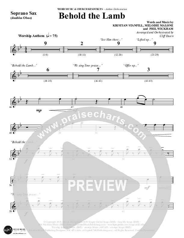 Behold The Lamb (Choral Anthem SATB) Soprano Sax (Word Music Choral / Arr. Cliff Duren)