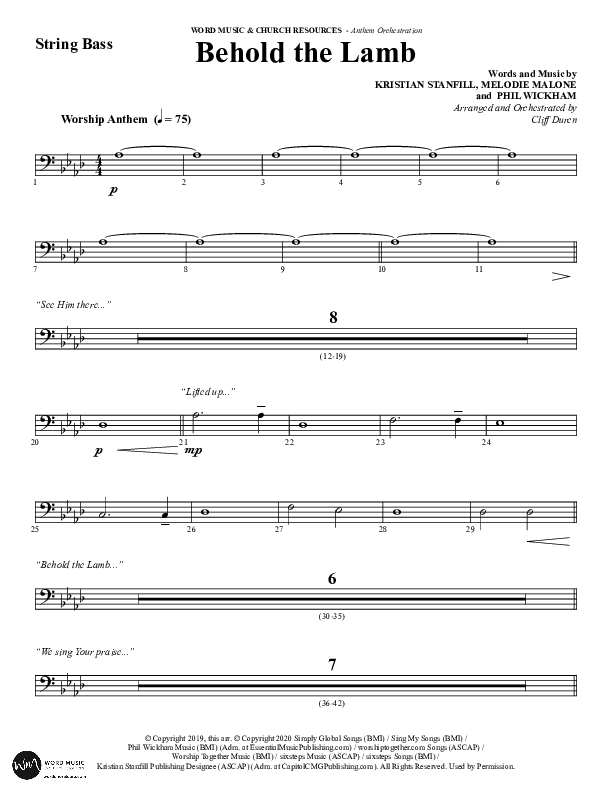 Behold The Lamb (Choral Anthem SATB) String Bass (Word Music Choral / Arr. Cliff Duren)