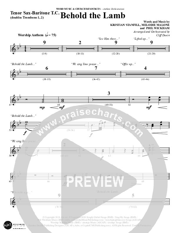 Behold The Lamb (Choral Anthem SATB) Tenor Sax/Baritone T.C. (Word Music Choral / Arr. Cliff Duren)