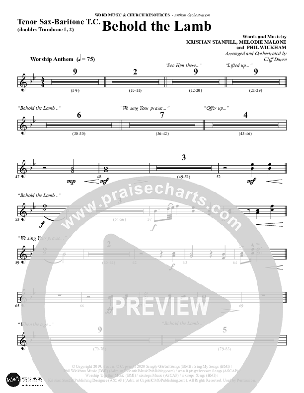 Behold The Lamb (Choral Anthem SATB) Tenor Sax/Baritone T.C. (Word Music Choral / Arr. Cliff Duren)