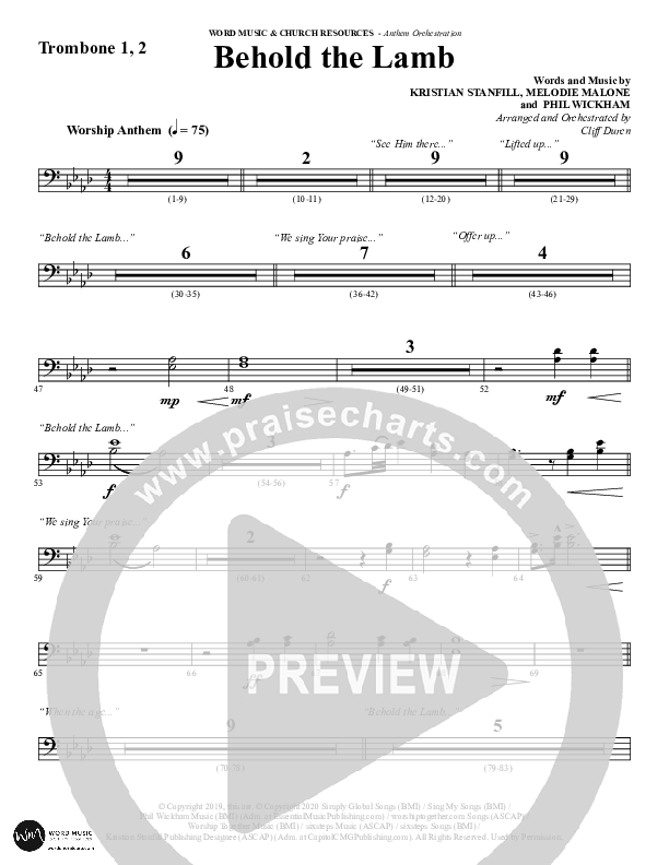 Behold The Lamb (Choral Anthem SATB) Trombone 1/2 (Word Music Choral / Arr. Cliff Duren)