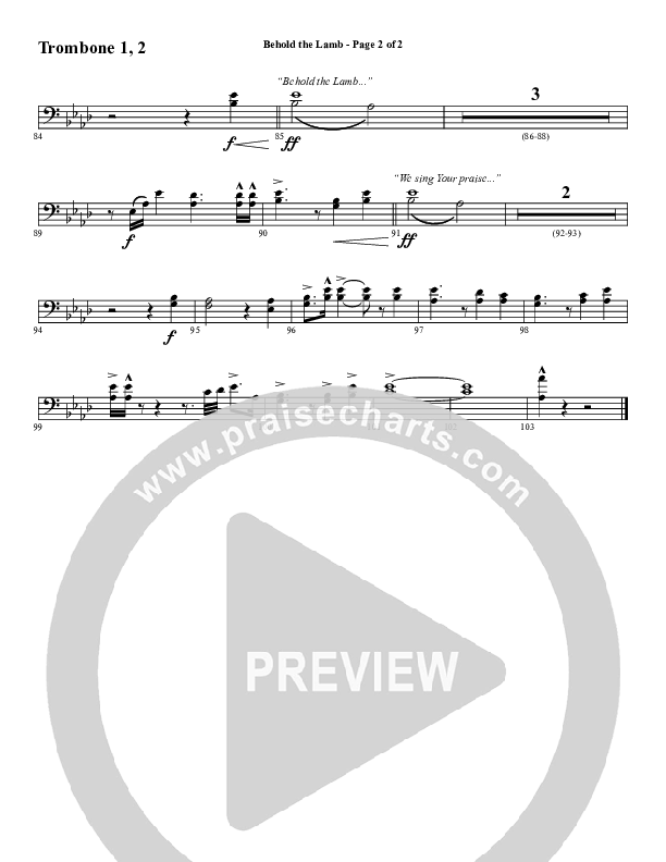 Behold The Lamb (Choral Anthem SATB) Trombone 1/2 (Word Music Choral / Arr. Cliff Duren)