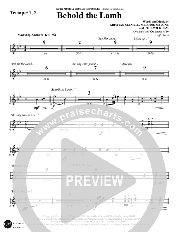 Behold The Lamb (Choral Anthem SATB) Trumpet 1,2 (Word Music Choral / Arr. Cliff Duren)