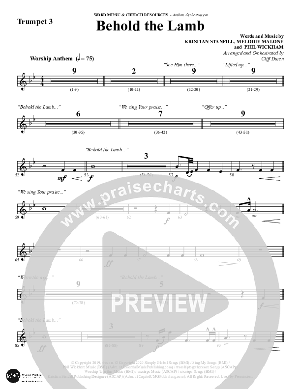 Behold The Lamb (Choral Anthem SATB) Trumpet 3 (Word Music Choral / Arr. Cliff Duren)