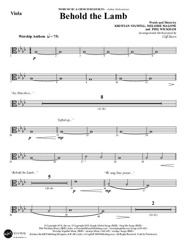 Behold The Lamb (Choral Anthem SATB) Viola (Word Music Choral / Arr. Cliff Duren)