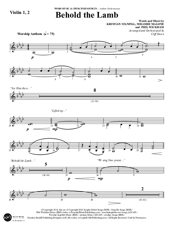 Behold The Lamb (Choral Anthem SATB) Violin 1/2 (Word Music Choral / Arr. Cliff Duren)