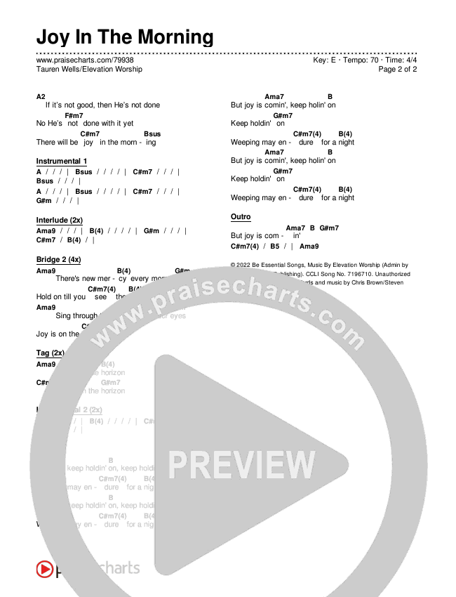 Joy In The Morning Chords & Lyrics (Tauren Wells / Elevation Worship)