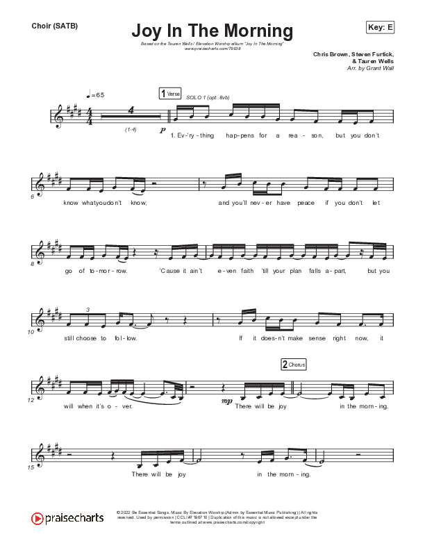 Joy In The Morning Choir Sheet (SATB) (Tauren Wells / Elevation Worship)