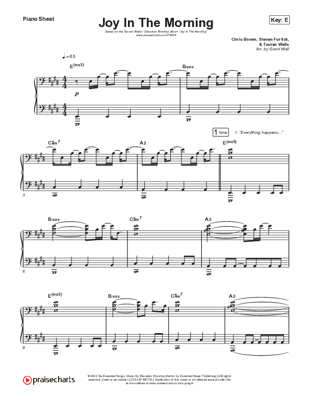 Joy In The Morning Piano Sheet (Tauren Wells / Elevation Worship)