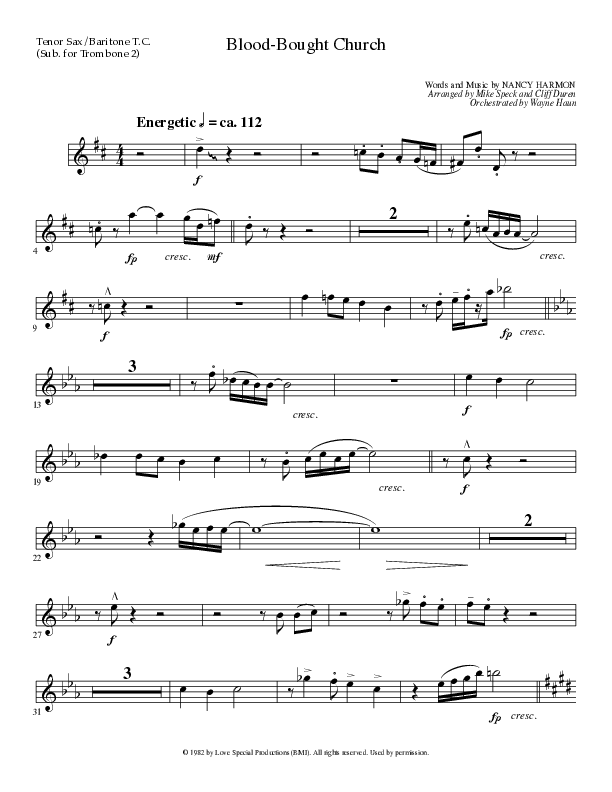 Blood Bought Church (Choral Anthem SATB) Tenor Sax 1 (Lillenas Choral / Arr. Cliff Duren)