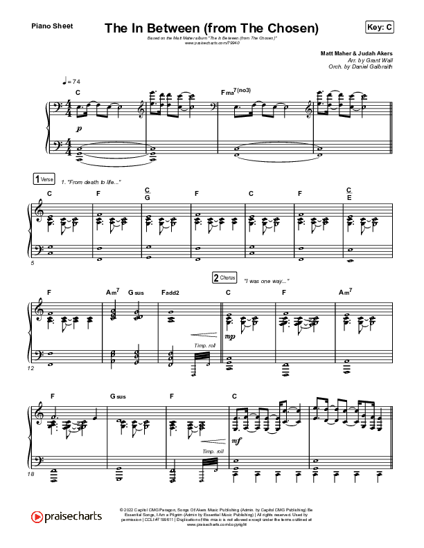 The In Between (From The Chosen) Piano Sheet (Matt Maher)